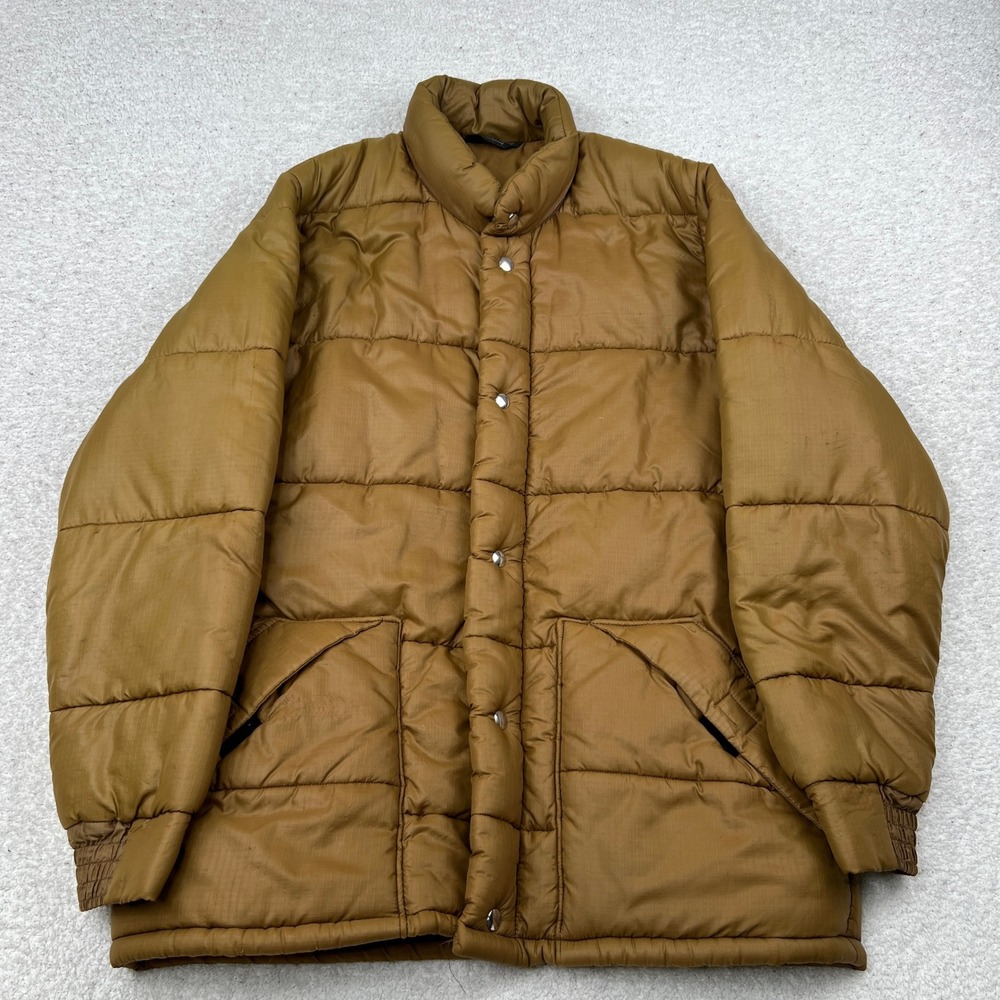 VTG JCPenney Puffer Jacket Men Mustard Tan Ripstop Quilted Snap Front Coat Large